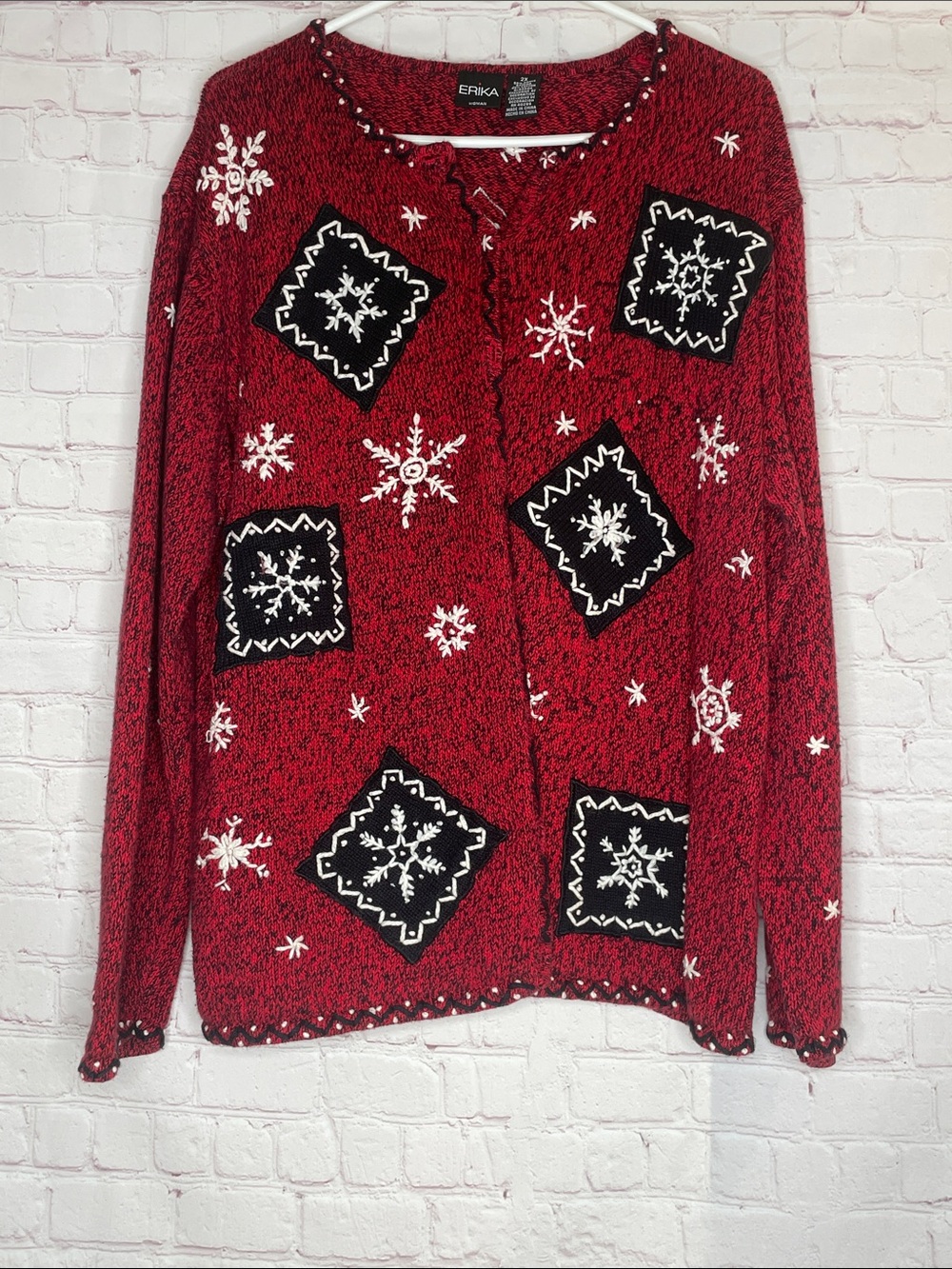 Erika Red and Black Snowflake Patch Knit Cardigan Ramie 2X Button Up
